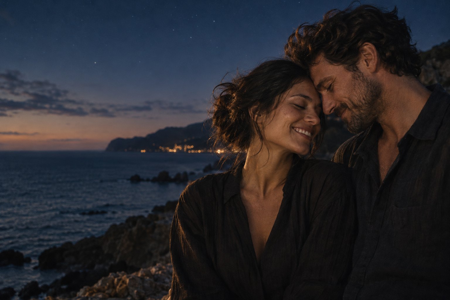 An intimate moment together by the sea at dusk